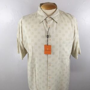 Toscano 100% silk short sleeves cream brown button down all silk large L pocket